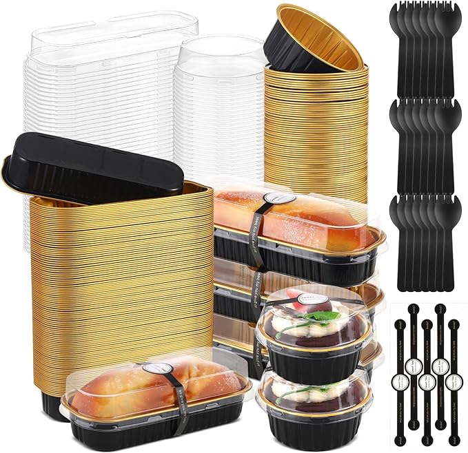 Suclain 600 Pcs Black and Gold Mini Loaf Pans with Lids and Spoons Sealing Stickers 6.8oz Disposable Aluminum Foil Muffin Baking Pans 5oz Cupcake Cups Cake Containers for Holidays Party Picnics