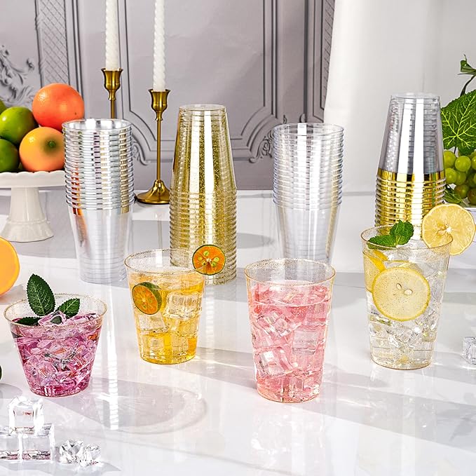 Goodluck 14 oz 100 PCS Gold Glitter Plastic Cups, Disposable Glitter Cups, Elegant Plastic Cocktail Glasses, Fancy Party Cups for Wedding, Birthday, Holiday