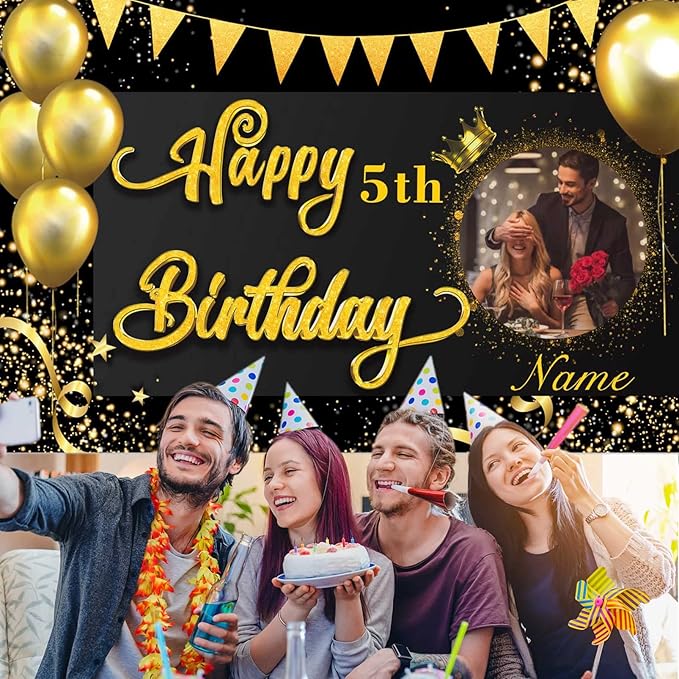 Custom Black and Gold Happy Birthday Party Decorations Supplies Personalized Black and Gold Birthday Backdrop Banner(5x7.5ft)