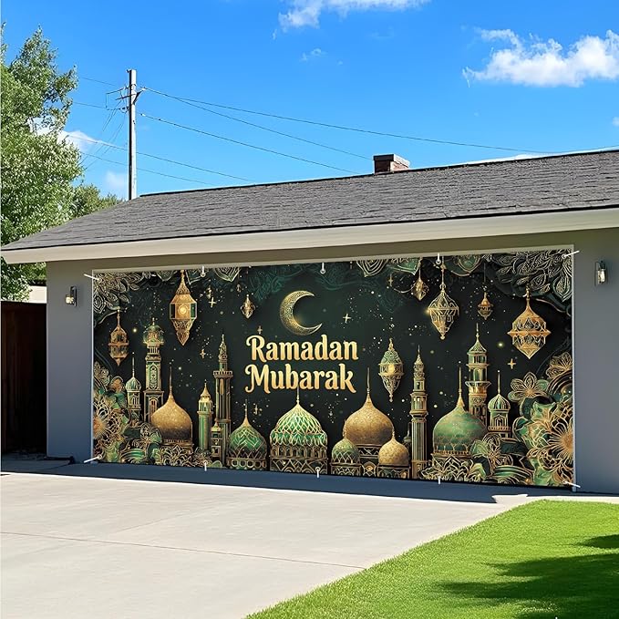 Ramadan Mubarak Garage Door Banner 7x16FT, Islamic Crescent Moon & Lanterns Design, Outdoor Decoration for Ramadan and Eid Celebrations