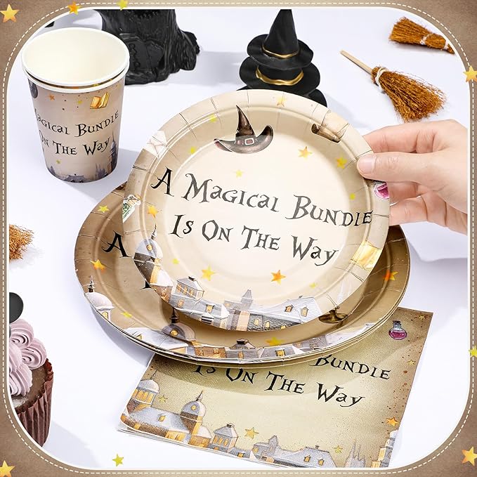 Dandat 350 Pcs Baby Shower Plates Set Baby Shower Party Supplies Serves 50 Tableware Sets Include Plates Napkin Cup Forks Knives Spoons Disposable Dinnerware(Magical Wizard,Black)