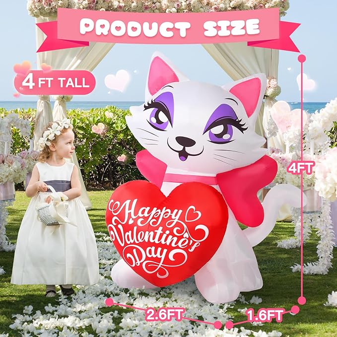4 FT Valentines Inflatable Outdoor Decorations, Blow up Valentine's Day Cat Yard Decor with Love Heart, Built-in LED Lights Wedding Kitty Holiday Decoration for Lawn Garden Wedding Indoor