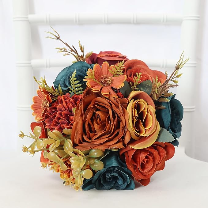 Set of 2 Bridesmaids Bouquets 7 inch Artificial Bridesmaid Bouquet for Wedding Silk Rose Small Floral Bouquet for Vintage Fall Bridal Shower Marriage Proposal Ceremony Decor - Dark Teal & Burnt Orange