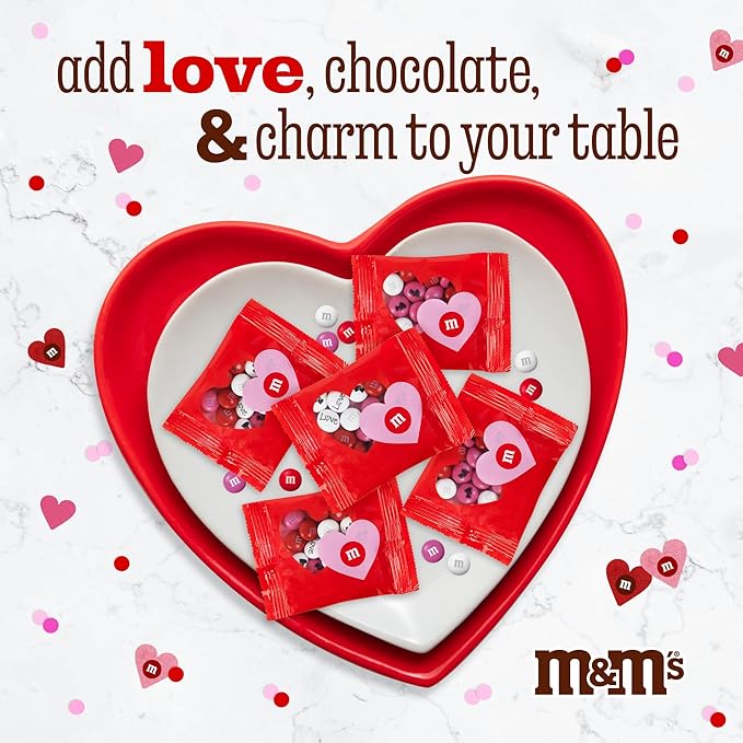 M&M’S Heart Party Favors, Set of 30, Milk Chocolate Valentine’s Gifts for Groups, Classroom Exchanges, and Party Décor, Individually Wrapped Red, White and Pink M&M’S with Heart and LOVE Designs