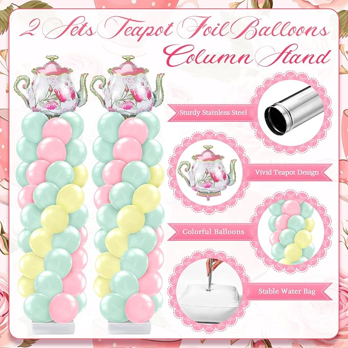Kasyat 2 Set Tea Party Balloon Column Stand Kit with Adjustable Pastel Foil Balloon Arch Tea Party Decor for Spring Bridal Shower Wedding Baby Shower Teapot Birthday Decorations