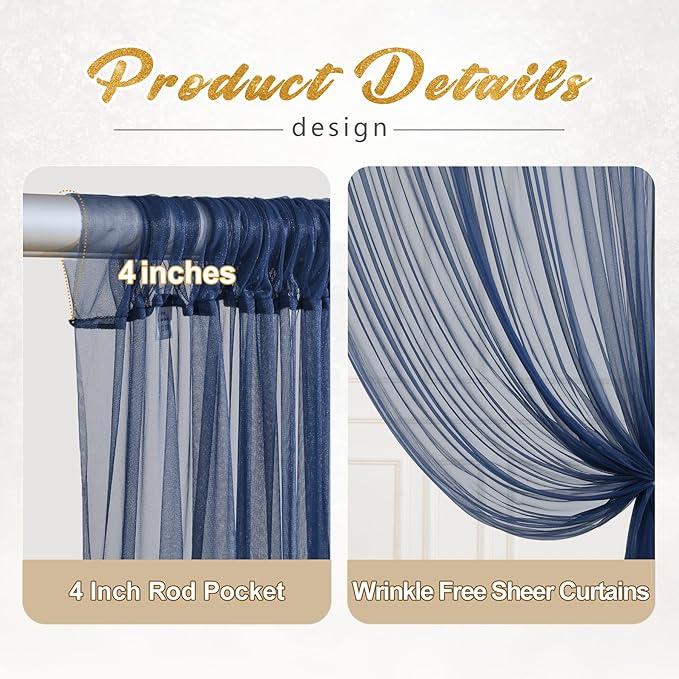 20x10ft Navy Blue Tulle Backdrop Curtain with Lights String for Parites, Sheer Photo Backdrop Curtains with Lights for Wedding Backdrop Ceremony Reception Bridal Shower Baby Shower Birthday Party