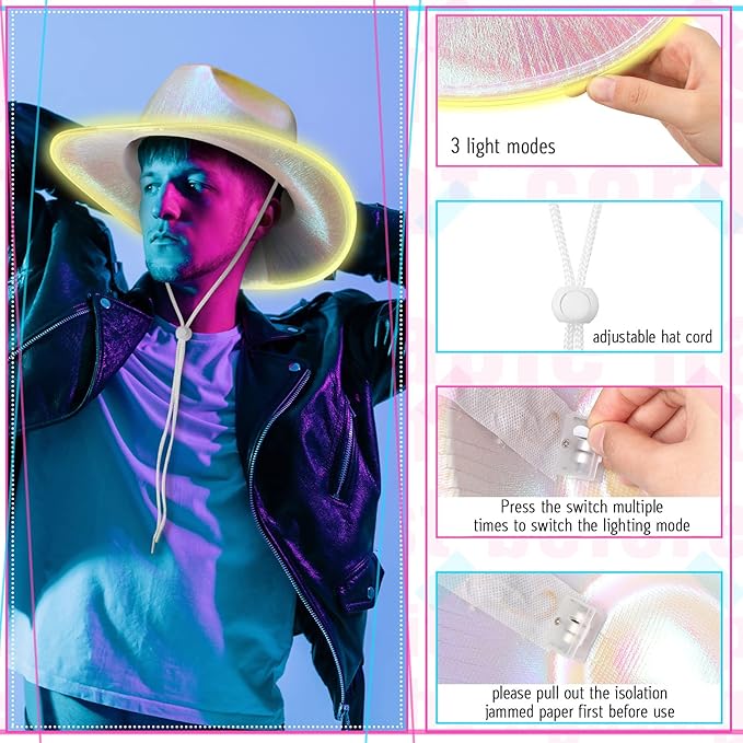 Kigeli 10 Pcs Lights LED Cowboy Cowgirl Hat LED Flashing Hat Cowgirl Hat for Western Cowboy Role Play(Silver,Sequin)