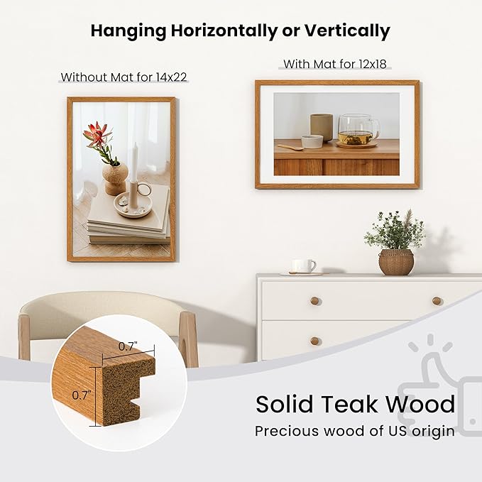 Axeman 14x22 Frame - Solid Teak Wood 14x22 Picture Frame With Mat for 12x18, 22x14 Wood Poster Frame, Tempered Glass and Hanging Hardware Included Home Decor Art Hanging Frame, Natural Teak