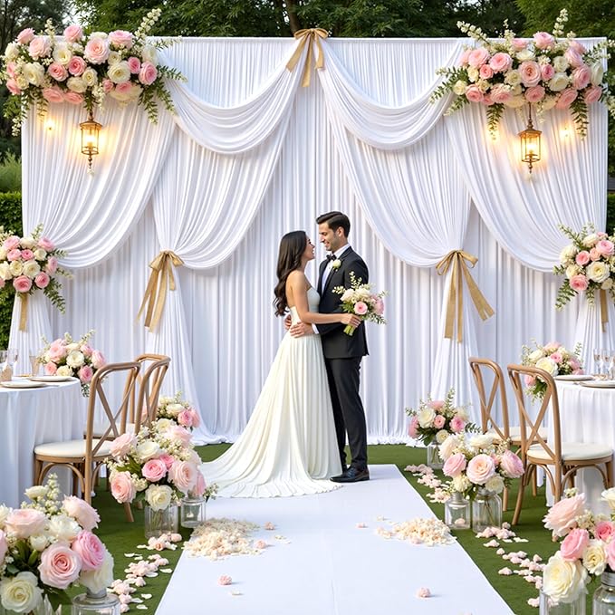 gogoparti 20x12ft White Backdrop Curtain for Wedding Parties, 4 Panels (5x12 ft Each) Wrinkle-Free Dackdrop Curtains, Silky Draping Fabric for Birthday Party, Baby Shower, Photo Background