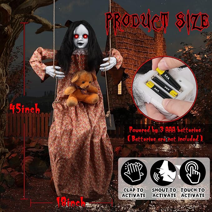 3.75 Ft Halloween Decorations Animatronics Hanging Swinging Girl with Creepy Sound/Light Up Eyes/Scary Expression, Creepy Doll Hanging Ghosts Haunted House Holiday Decor Prop for Indoor Outdoor