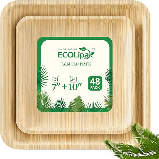 ECOLipak 48 Pack Compostable Palm Leaf Plate Like Bamboo Plate, 10 Inch and 7.85 Inch Disposable Biodegradable Plates Suitable for Party, Dinner