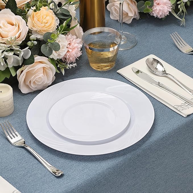 700-Piece White Swirls Plastic Dinnerware Set for 100 Guests, Elegant Disposable Dinnerware for Party, Wedding. Includes 10.25" Dinner Plates, 6.5" Dessert Plates, Silverware, Napkins, Cups