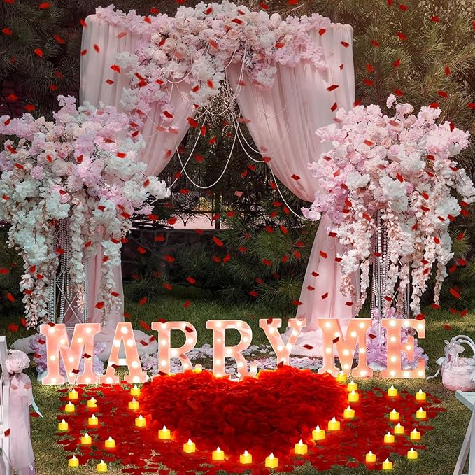 Hortsun Marry Me Light up Letters Proposal Decorations Will You Marry Me Sign Rose Petals 24 LED Candles Romantic Night Light for Proposal Engagement Wedding Anniversary Valentine's Day(Pink)