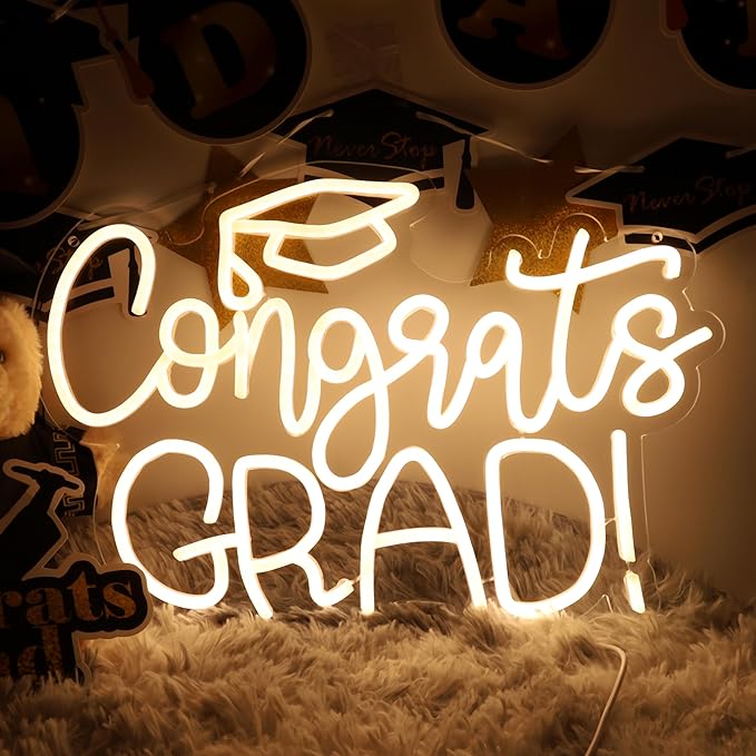 Congrats Grad Neon Sign USB Powered for Prom Party Wall Decor,Warm White Grad LED Light Up Sign Adjustable for Prom Night Dorm Class Room Graduation Season Party Backdrop Decoration