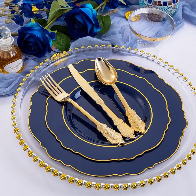 Liacere 175PCS Navy Blue Plastic Plates-Disposable Blue Gold - 25guest Baroque Plastic Dinnerware include 50Plates,25Pack Pre Rolled Napkins with Silverware 25Cups for Wedding &Father's Day&New Year