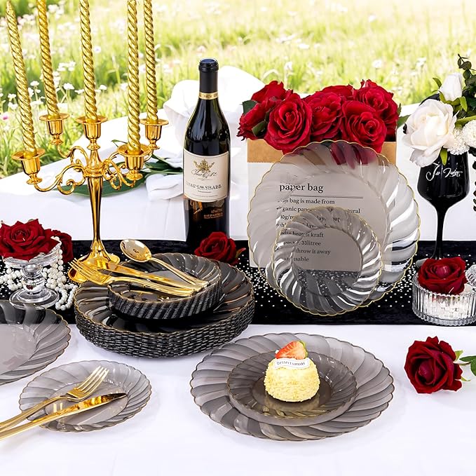 YOUBET 125PCS Clear Black Plastic Plates - Black and Gold Disposable Plates Include 50 Plate, 75 Gold Silverware for Wedding & Party & Birthday
