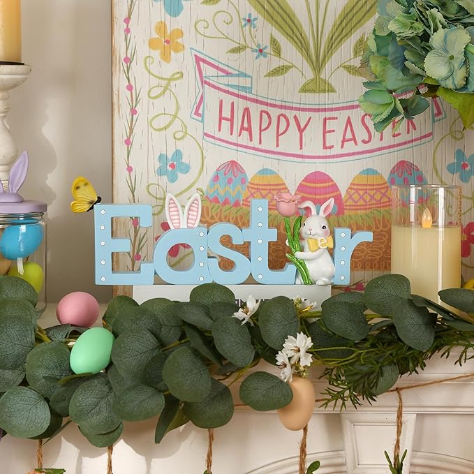 NIKKY HOME Easter Decor for Table, Easter Bunny Sign Table Decor, Cute Rabbit Centerpiece Resin Holiday Decorations for Shelf Mantel Spring Decorations for Party