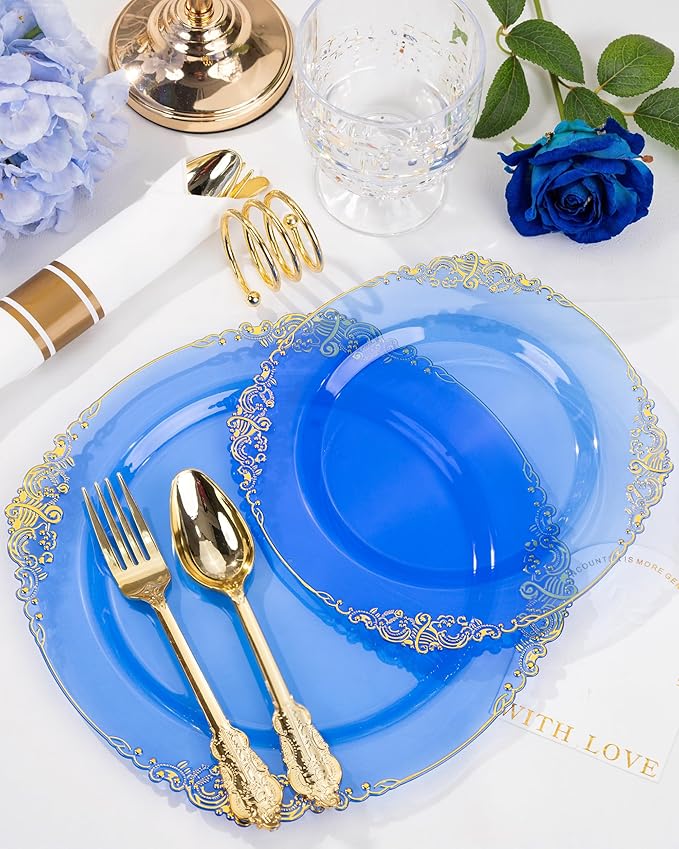 Nervure 350PCS CLear Blue Plastic Plates - Blue Gold Plastic Dinnerware Sets for 50 Guests - 100 Disposable Plates, 150 Silverware, 50 Cups, 50 Napkins for Wedding & Party
