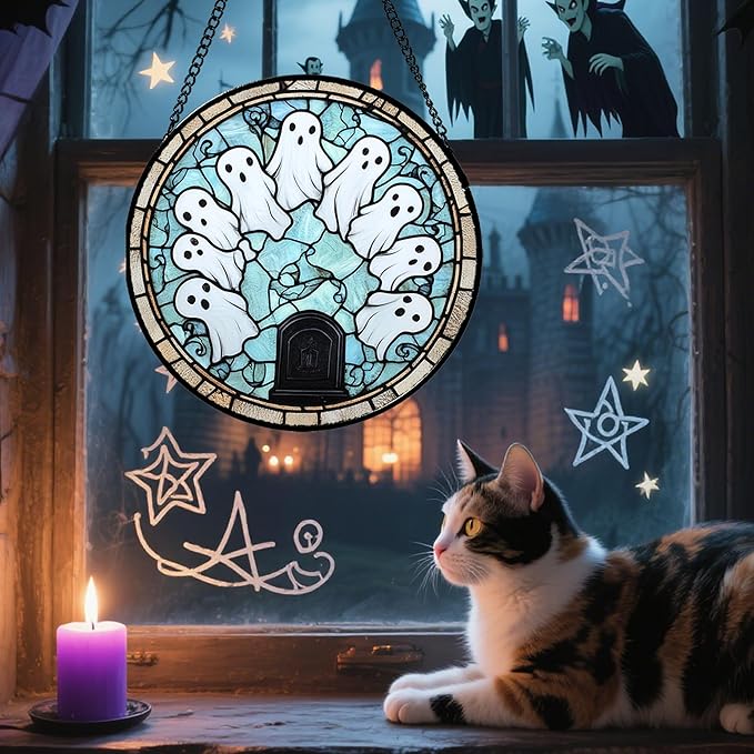 Stained Glass Window Hanging - Halloween Decorations Ghosts Tombstones Suncatcher for Doors Garden Indoor Spooky Funny Sun Catchers Gothic Decor Horror Gifts for Women Men Friend 15 in