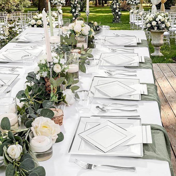 Festiva 350Pcs Silver Plates - Silver Square Plastic Plates 9 .5" and 6" - serve for 50 guests include 50 Cups 50Plastic Cutlery 50Hand Napkins Perfect for Party&Wedding&Birthday
