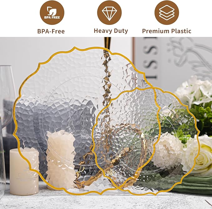 100 PCS Clear Stone Texture Plastic Plates with Gold Rim, Heavy-duty Clear Disposable Plates, Include 10" Dinner Plate and 7" Salad Plate for Party and Wedding