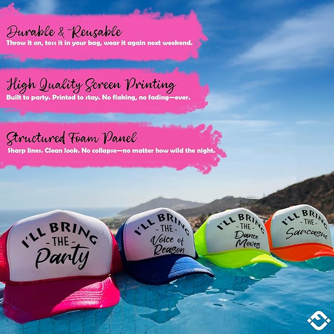 Funky Junque Women's Funny Trucker Hats: Adult Humor for Bachelorette & Girls Trips, Groups 3-25, Mesh Hat - I'll Bring The's