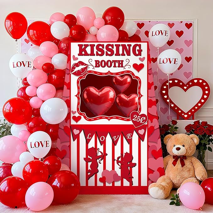 Valentine’s Day Photo Booth Prop, 48 x 63 inch Valentines Kissing Booth Cardboard Cutout Life-Size Standup, Love Photography Backdrop Decoration for Couple Anniversary Wedding Party Favor