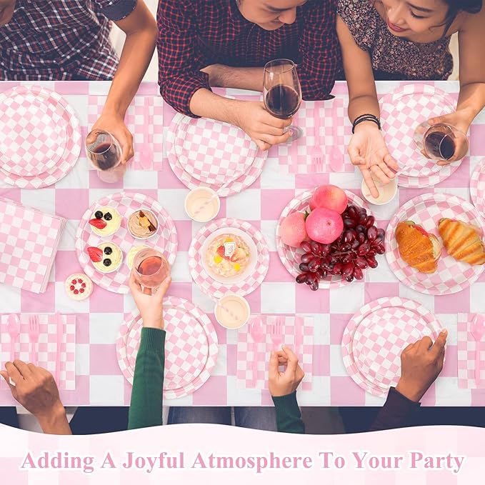 452 Pcs Light Pink and White Gingham Party Supplies for 50, Pink Checkered Gingham Paper Plates Napkins Cups Tablecloth Cutlery Straws for Picnic Camping Birthday Baby Shower Decoration