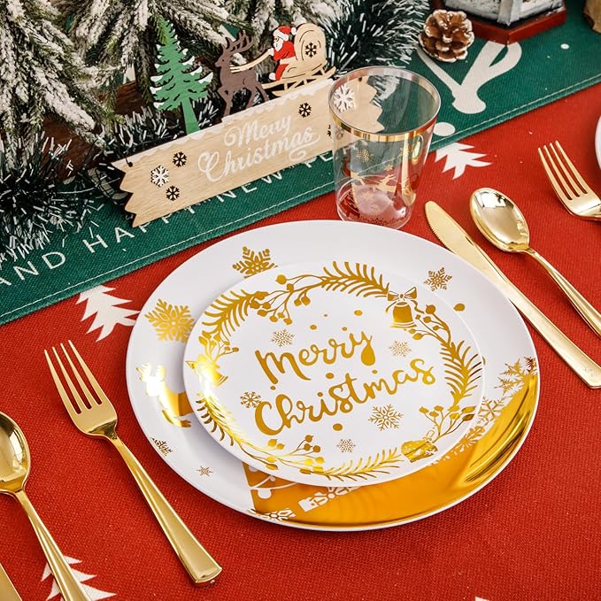 Supernal 150pcs Christmas Plates, Christmas Plastic Dinnerware include Gold Plastic Plates,Gold Disposable Silverware, Disposable Cups, Xmas Party Plate for 25 Guests