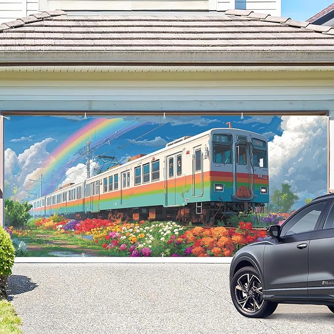 Train in the Spring Flowers Garage Door Banner 7x16FT, Colorful Train & Rainbow Outdoor Decoration for Garage Doors, Front Yard, and Seasonal Parties