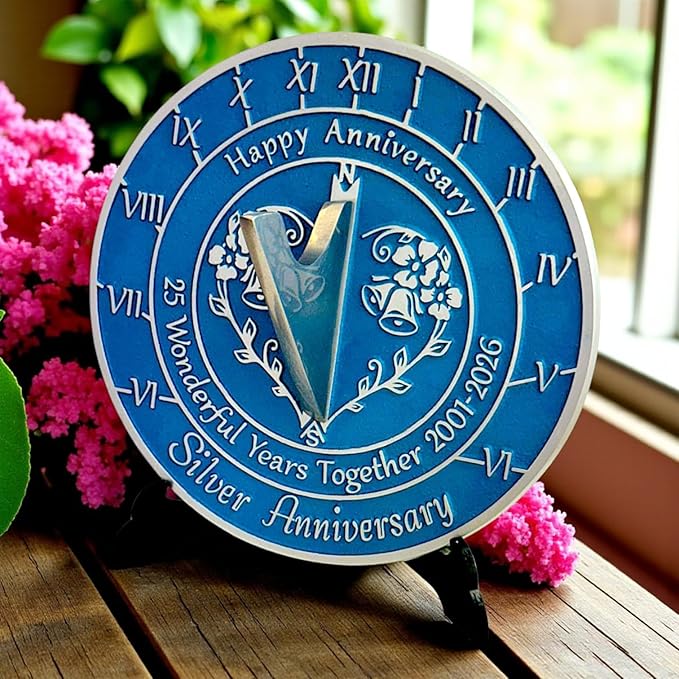 Anniversary Sundial Gift for 25th Silver Wedding Anniversary in 2026 - Recycled Metal Home Decor Or Garden Present Idea - Handmade in UK for Him, Her Parents Or Couples 25 Year Celebration