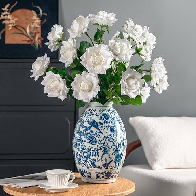 Artificial Flowers Artificial Roses Fake Roses 23.2In Long Stem Artificial Flowers for Tall Vase Silk Rose 20PCS Suitable for Wedding Party Decor Valentine's Day DIY Bouquet Spring,White