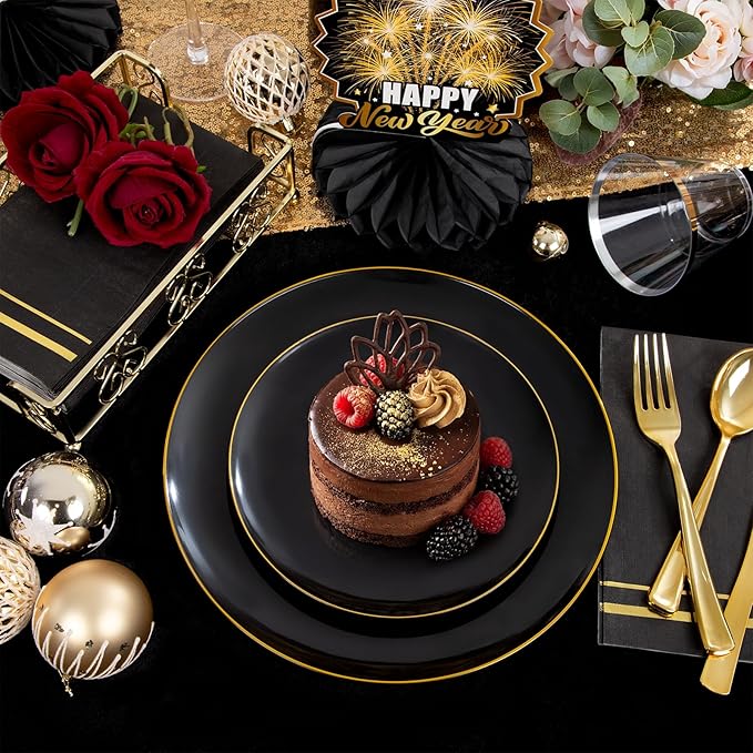 NOCCUR 350PCS Black and Gold Plastic Plates - Black Disposable Dinnerware Set for 50 Guests, 100 Dinner/Dessert Plates, 150 Gold Silverware, 50 Cups&50 Napkins for Party/Birthday/New Year