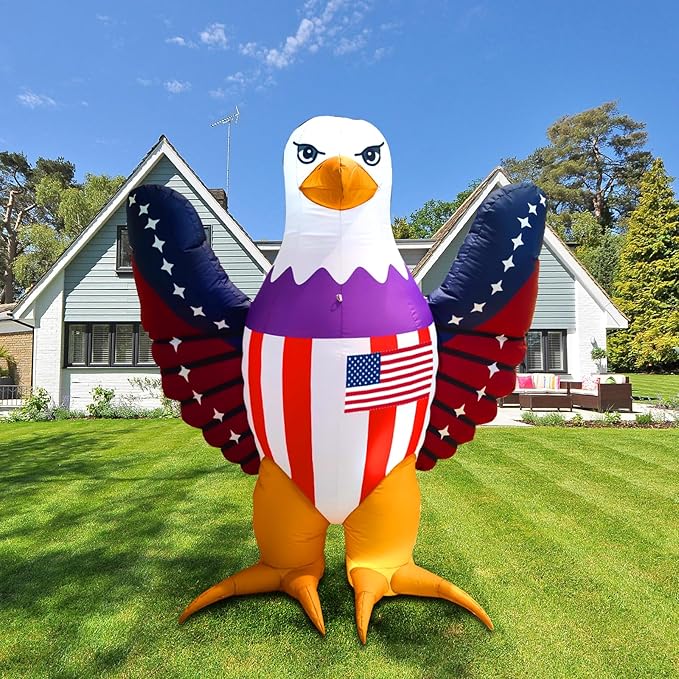 Patriotic Inflatable 6FT Bald Eagle with Flying Wings 4th of July Inflatable Yard Decorations Outdoor Holiday LED Blow up Decor for American Decorations Advertising Business Promotion