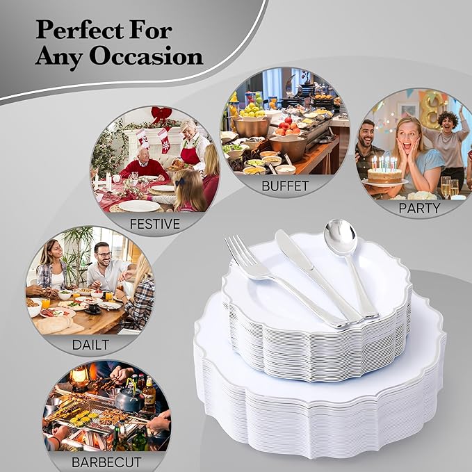 350 PCS Silver Disposable Plates, Scalloped Dinnerware Set for 50 Guests, 100 Plastic Plates, 150 Silverware, 50 Cups & 50 Paper Napkins, Silver