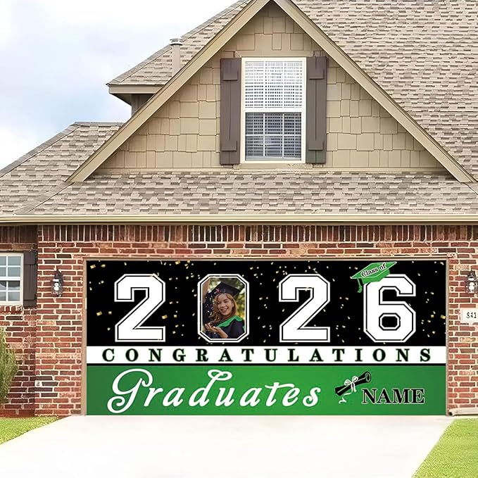 Custom Graduation Garage Door Banner Decoration 7x16ft with Photo Congrats Garage Door Cover 2026 Party Photo Booth Backdrop Party Supplies(Light Green)