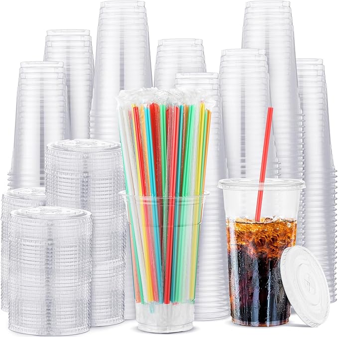 Hushee 500 Sets 32 oz Clear Plastic Cups with Lids and Individually Wrapped Straws Disposable PET Cups for Iced Coffee Cold Drinks Smoothie Juice Parfait Milkshake Parties