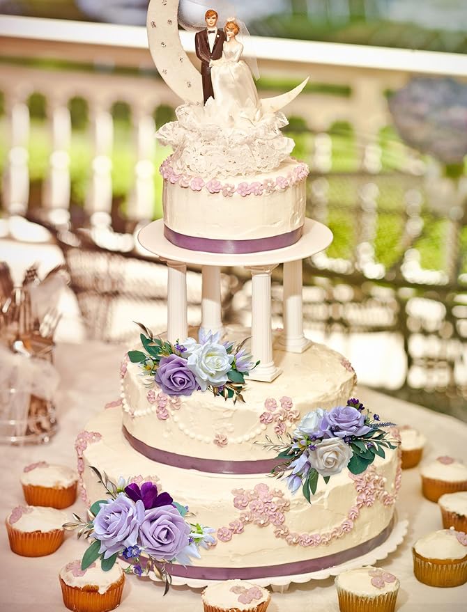 CherishedMoments 3Pcs Cake Topper Set, Wedding Artificial Flowers Decor Purple Cake Topper Decorations for Wedding Ceremony Anniversary, Home Decor,Fall Vintage