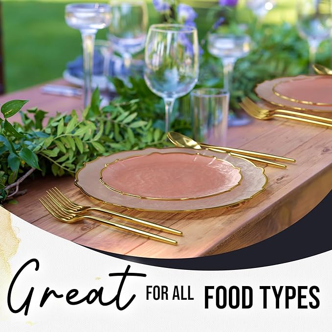 Exquisite Plastic Plates for Party 40 Piece Fancy Plastic Dinner Plates For 20 Guests 20 X 7.5 Dessert Plates & 20 X 10 Thin Delicate Disposable Dinnerware Charger Plate Pink Rose Gold Rim