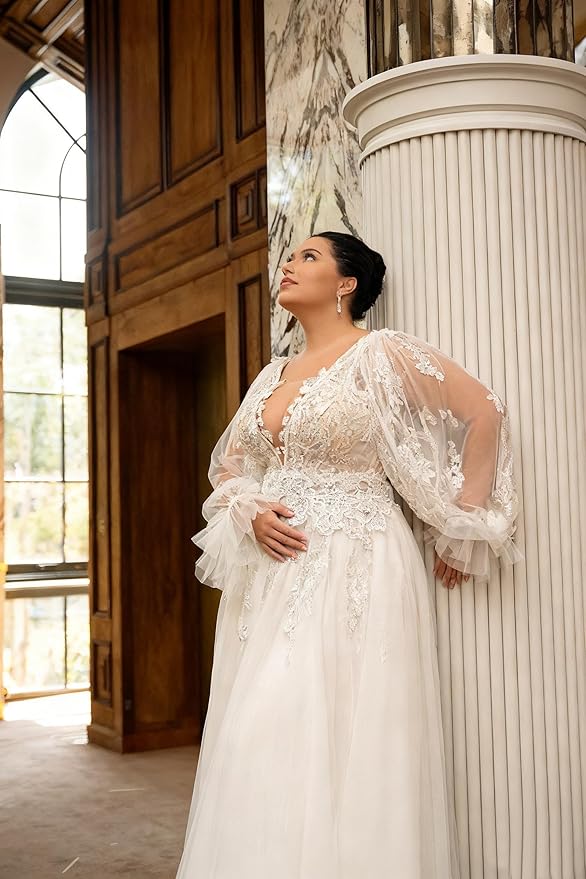 Plus Size Wedding Dresses for Bride Long Sleeve Wedding Bridal Gowns with Lace Appliques Off Shoulder Bride Dress