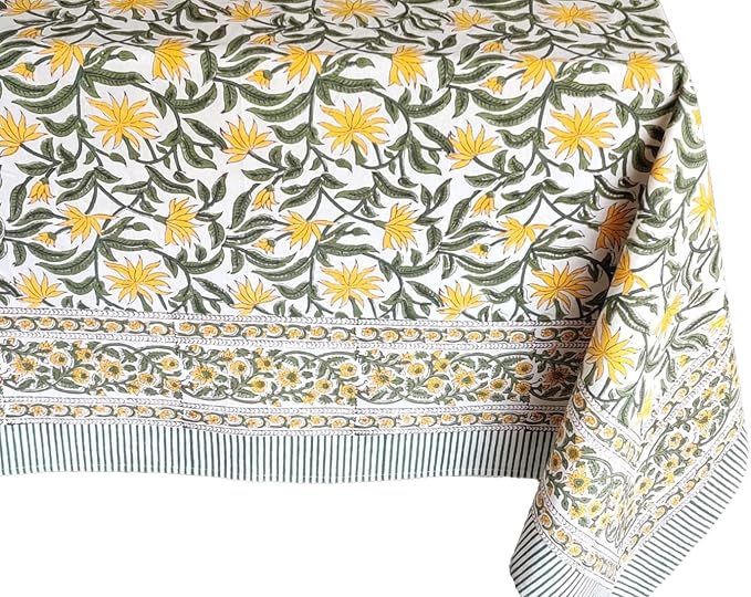 ATOSII Noor 100% Cotton Rectangle Spring Tablecloth, Handblock Floral Print Linen Table Cloth for Kitchen Dining I Parties, Outdoors, Weddings, Easter Holidays I 72 X 108 Inches I 8 Seater
