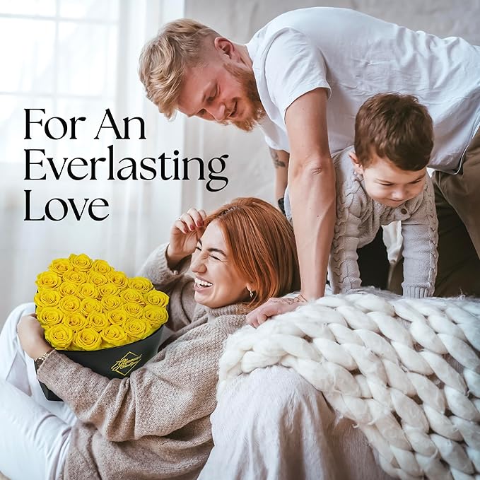 GLAMOUR BOUTIQUE 27 Flower Forever Heart Shape Box, Eternal Preserved Roses Gift for Her, Lasting Flowers, Premium Floral Heart Box for Birthday, Anniversary or Valentine’s Day, Yellow (Color-Treated)
