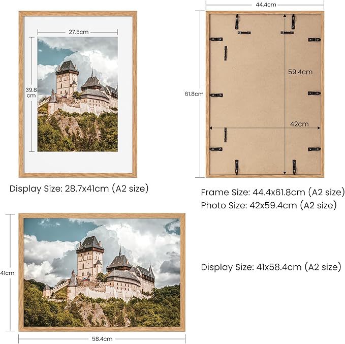 Axeman A2 Picture frame, Solid Oak Wood 16.5 x 23.5 inch Poster Frames with Mat 11.7 x 16.5 for Photo, A2 Size Frames Matted to A3 Print, 16.5 by 23.4 Hanging Frames, Tempered Glass, Oak