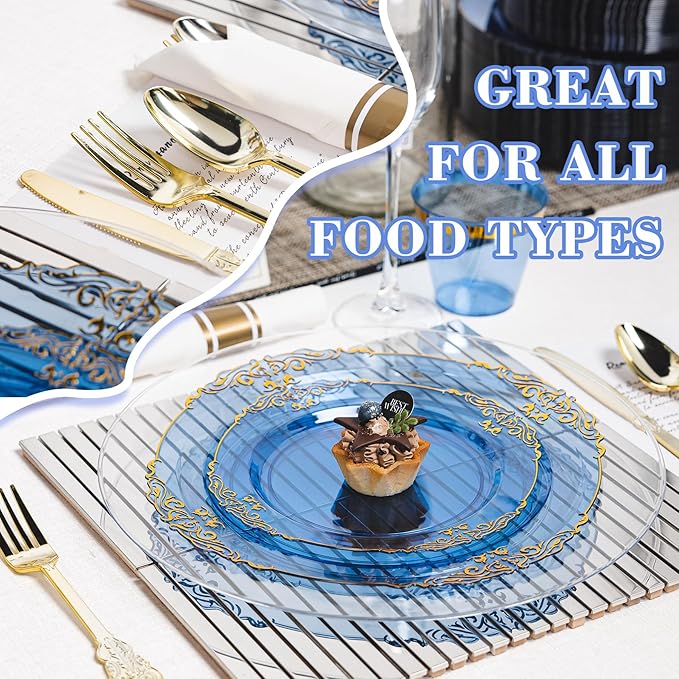 350PCS Gold and Blue Plastic Plates, Gold Plastic Dinnerware Sets for 50 Guests, 100 Disposable Plates, 150 Silverware, 50 Cups, 50 Napkins for Party and Wedding