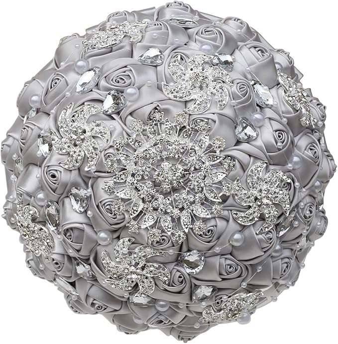 Silver Bridal Wedding Bouquet Handmade Luxury Rhinestone Brooch Pearl Bouquet for Bride Bridesmaid Quinceanera Satin Rose Artificial Flower Bouquet Wedding Silver 7.1in
