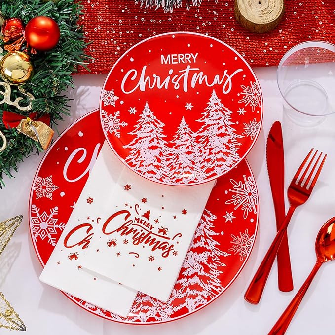 I00000 210Pcs Christmas Plastic Plates - Red Disposable Plates with Red Plastic Silverware Include 60 Plates, 30 Forks, 30 Knives, 30 Spoons, 30 Cups, 30 Napkins for Xmas Party