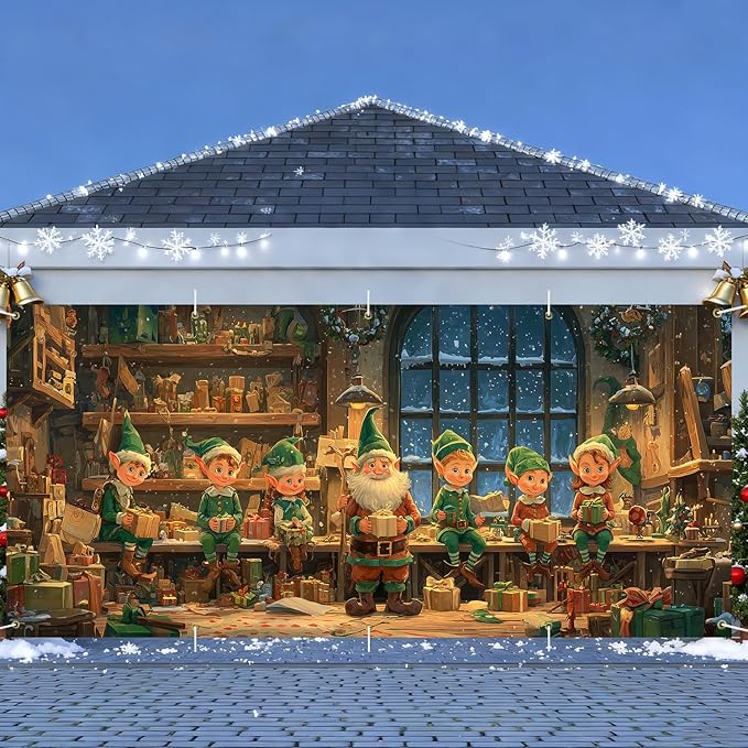 Santa's Workshop Christmas Garage Door Banner 7x16FT, Santa and Elves Holiday Scene, Large Outdoor Xmas Decoration for Garage Doors, Large Garage Cover for Christma