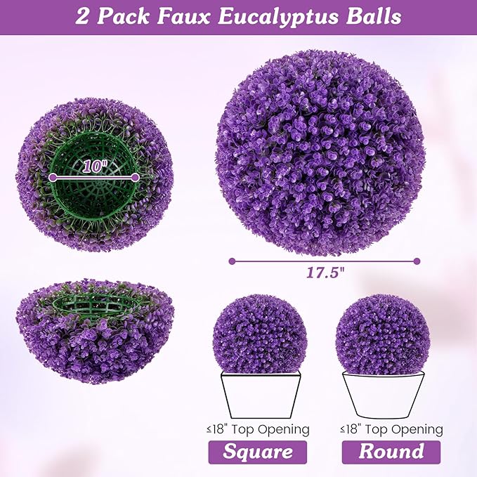 Goplus 17.5 Inch Topiary Balls Artificial Outdoor Set of 2, Faux Purple Eucalyptus Decorative Balls, Fake Plant Sphere, Round Artificial Plant Balls for Front Door, Porch, Backyard, Home Décor