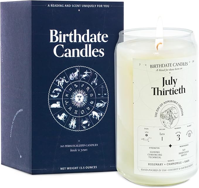 Birthdate Candles, July 30 - Leo Zodiac Scented Candles Birthday Gift - Rosemary, Chamomile & Shea Scent - All-Natural Soy & Coconut Wax, 60-80 Hour Burn Time - Made in USA