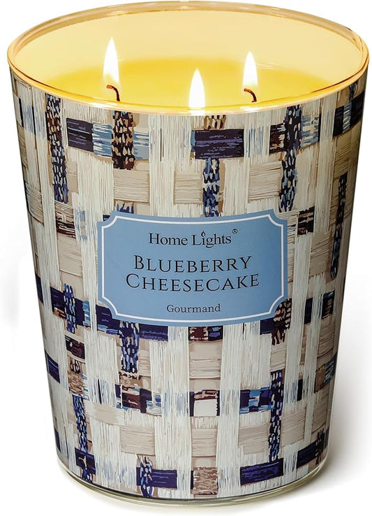 HomeLights Scented Candles | Large Jar 34 Oz Natural Soy Candle | 130 hrs Long-Lasting with 3 Wicks | Rustic Modern Home Decor | Gifts for Mom & Women, Blueberry Cheesecake